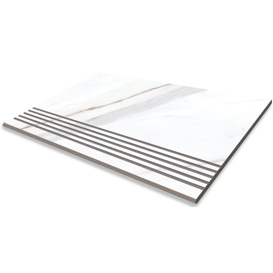 Treapta pentru scari gresie Statuario, model marmura, 6806-0045, 60 x 30 cm, culoare alb, finisaj mat