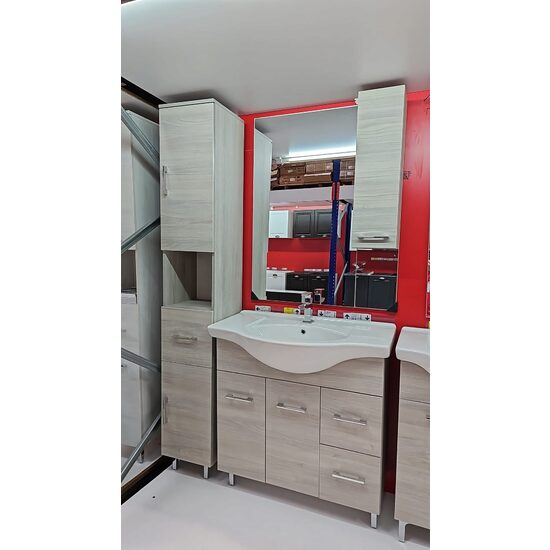 Set Baza cu doua usi, trei sertare si lavoar ceramic, 85 cm, si Oglinda cu dulapior, priza cu intrerupator si spoturi LED