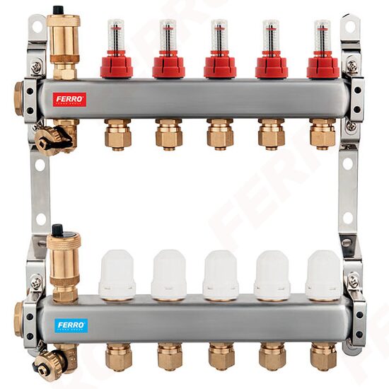 Distribuitor-colector 1" din inox 6 circuite cu debitmetre si robineti termostatati SN-RZP06S