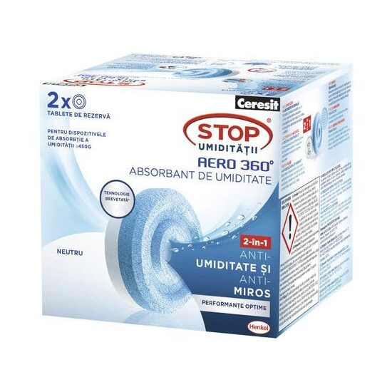 Set 2 tablete absorbante de umiditate Ceresit Stop Umidității Aero 360°, fără parfum, 2 × 450 g 2259563