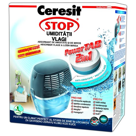 Dezumidificator de cameră Ceresit Stop Umidității Aero 360°, alb, cu tabletă absorbantă neutră de 450 g, cod 2628127
