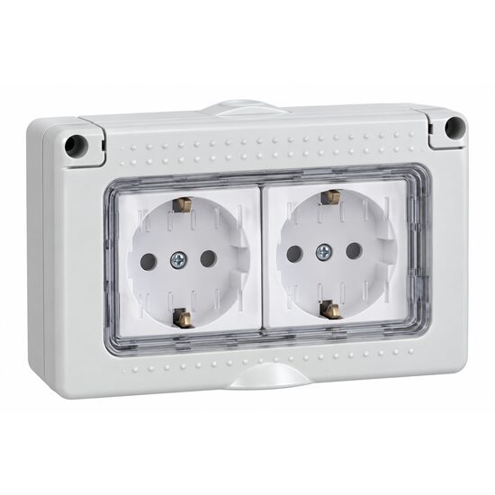 Priza dubla aplicata cu contact de protectie si capac, IP55, 2SR