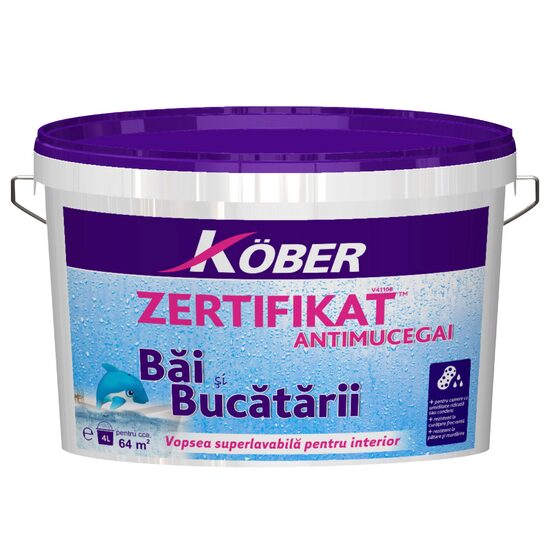 Vopsea lavabila pentru baie si bucatarie KOBER Zertifikat Plus antimucegai de interior, alba, 4 L