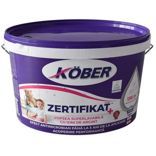 Vopsea superlavabilă antimicrobiană pentru interior Kober Zertifikat Plus, cu ioni de argint, alb, finisaj mat, 8,5 L