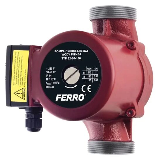 Pompă de circulație pentru apă potabilă Ferro 0401W, 32-80/180, 245 W, racord 2″, debit maxim 10,5 m³/h, înălțime de pompare 8 m, IP44