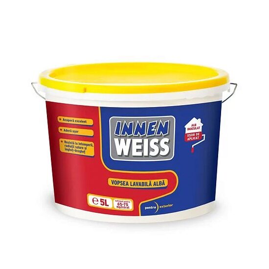 Vopsea lavabilă pentru exterior Innenweiss, alb, rezistentă la intemperii și radiații UV, 5 L