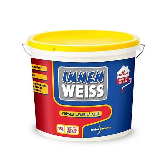 Vopsea lavabilă pentru exterior Innenweiss, alb, rezistentă la intemperii și radiații UV, 15 L