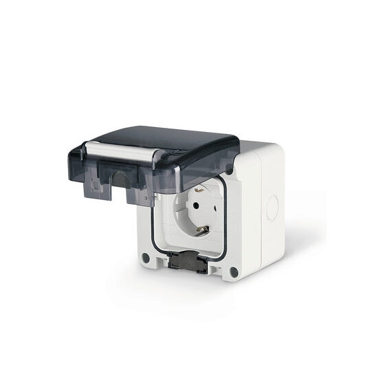 Priză schuko aplicata 95 × 95 mm IP65 cu capac rabatabil pentru exterior 137.6407