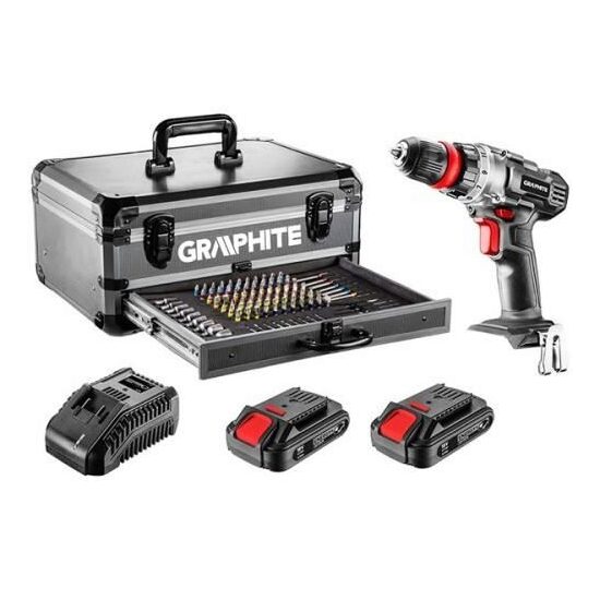 Masina de gaurit cu 2 acumulatori + cutie de aluminiu + 109 accesorii, GRAPHITE 58G022-PS15