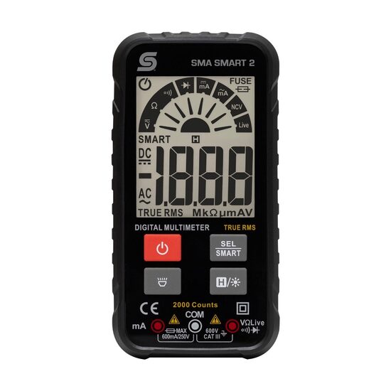 Multimetru digital Home SMA SMART 2, True RMS, măsurare tensiune AC/DC până la 600 V, curent până la 600 mA, detector de tensiune fără contact NCV, selectare automată a domeniului, ecran LCD iluminat, CAT III 600 V