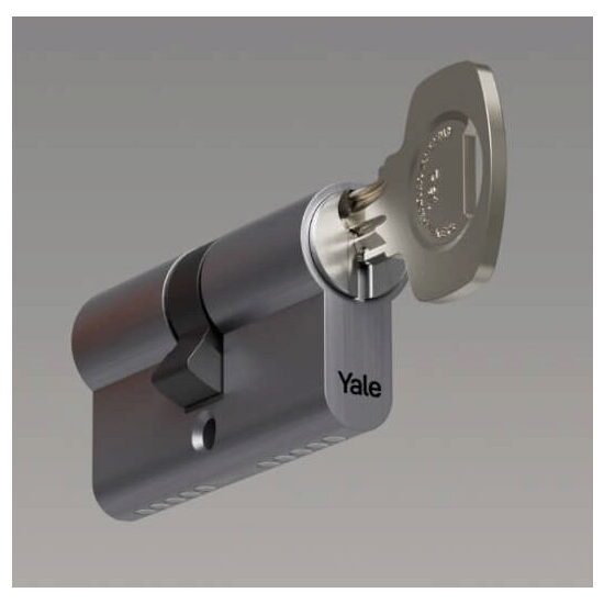 Cilindru de siguranță Yale 500, 45 × 45 mm, nichel satinat, 5 pini, pentru uși PVC si lemn