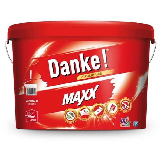 Vopsea lavabilă pentru interior Danke Maxx White, alb, putere mare de acoperire, finisaj mat, 2,5 L