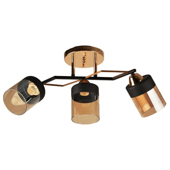 Lustră Klausen Laser LY-3483, 3 × E27, structură metalică negru-auriu, abajururi din sticlă ambră, 59 × 25 × 15 cm, IP20
