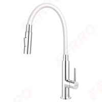 Baterie stativă, bucătărie Ferro Zumba slim 2F, pipă flexibilă, alb, 2 funcții, montaj pe