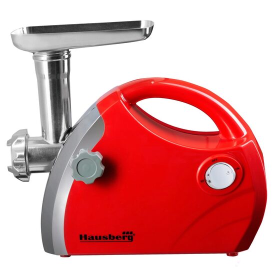 Mașină electrică de tocat carne Hausberg HB-3430RS, 1800 W, capacitate 1 kg/min, 3 site din inox, funcție Reverse, accesorii pentru cârnați și kibbe, roșu