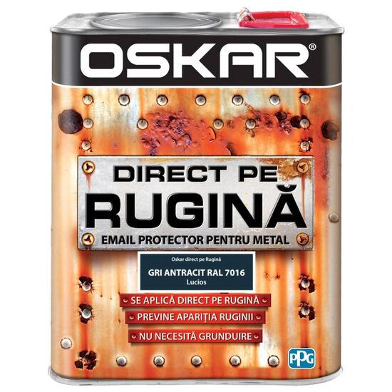 Vopsea anticorozivă pentru metal OSKAR Direct pe Rugină, aplicare directă pe rugină, gri antracit RAL 7016, finisaj lucios, 2,5 L