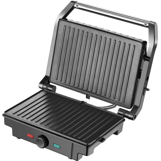 Grătar electric Samus GTS-1500X, 1500 W, plăci antiaderente 25,3 × 17,2 cm, deschidere la 180°, termostat reglabil, negru/inox